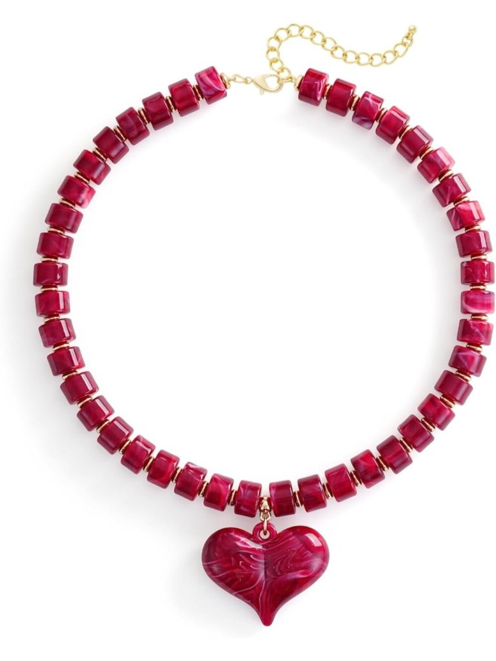Women's Red Acrylic Beaded Choker Necklace Chunky Heart Pendant Jewelry